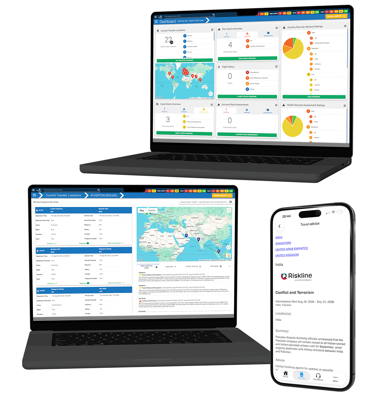 Mantic Point travel risk dashboard, traveller location view and mobile travel alert