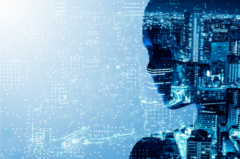AI looking over a large city representing AI for travel industry